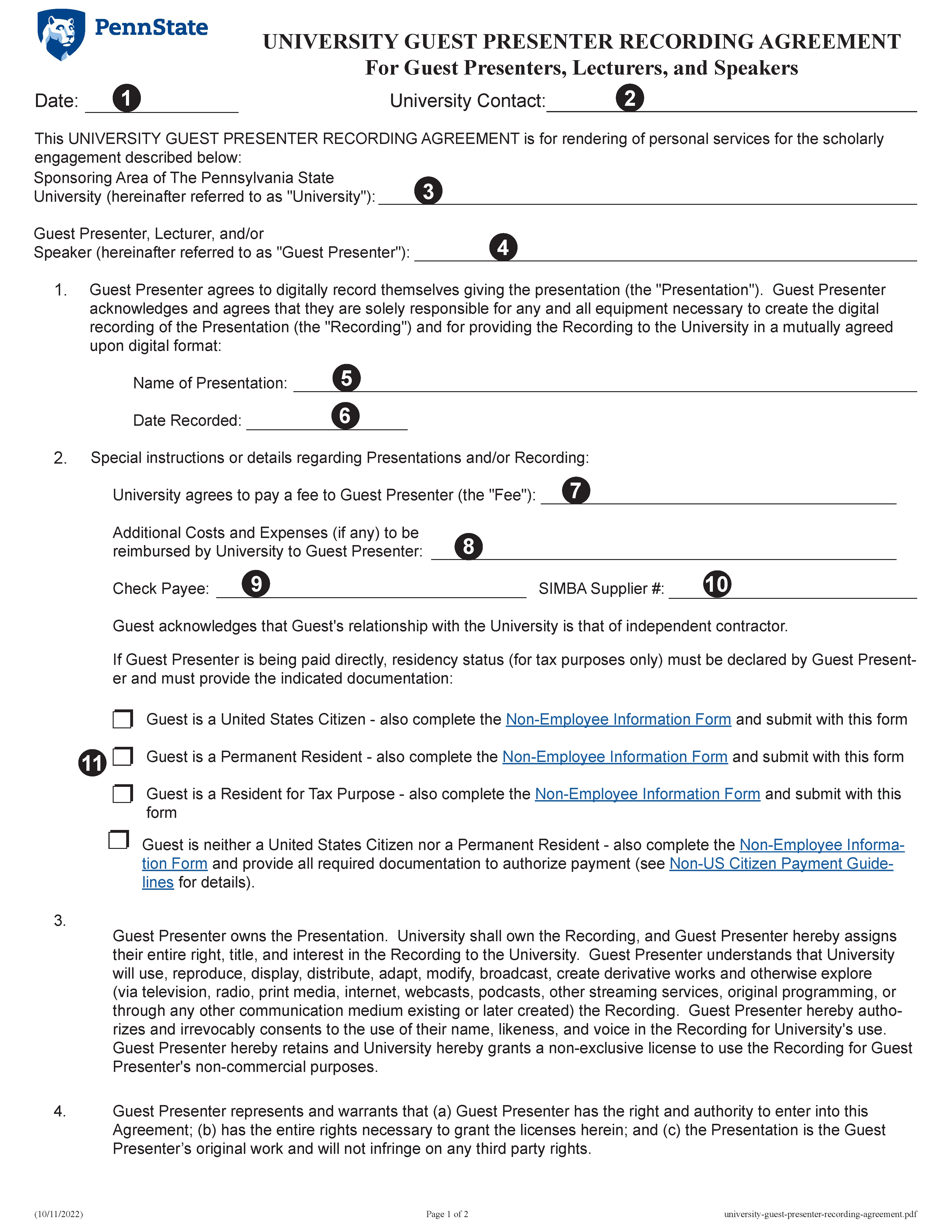 Image of University Guest Presenter Recording Agreement Page 1